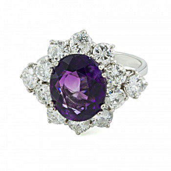 18ct white gold Amethyst / Diamond Cluster Ring size N